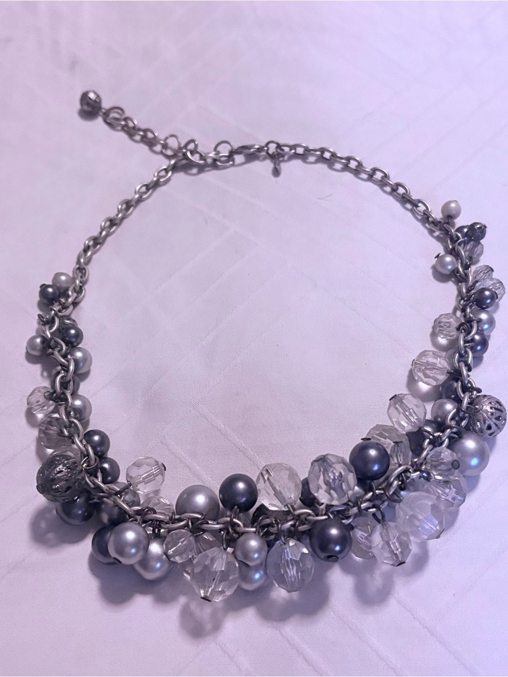 Silver Tone Pearl & Crystal Cluster Necklace - Women's Jewelry